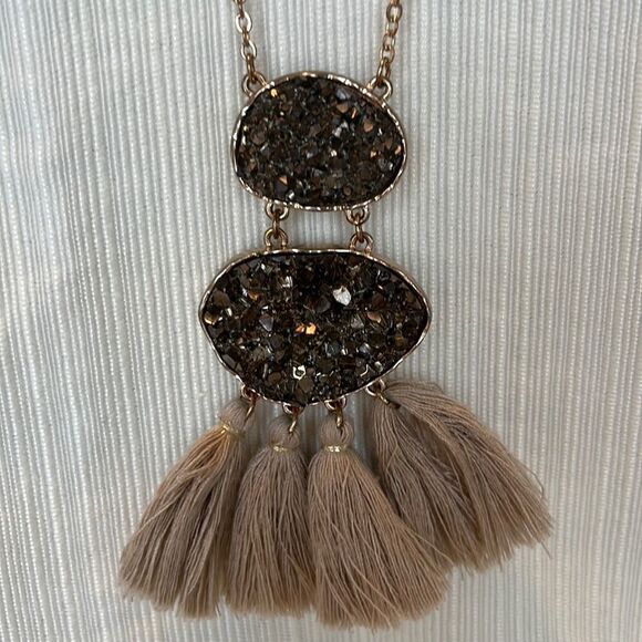 Long Gold Tone Necklace with Brown Rhinestone and Tan Tassels - Picture 2 of 3